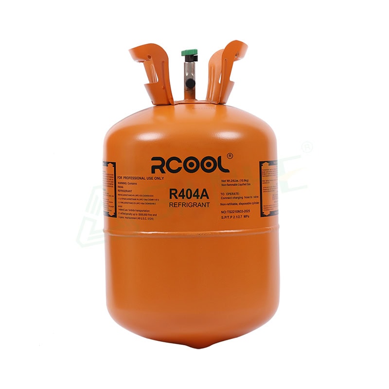 Orange R404A refrigerant gas cylinder with safety valves and label for HVAC systems.